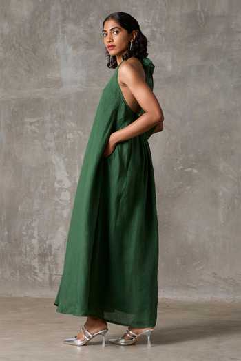 The Summer House_Green Linen Halter Neck Papillon Maxi Dress_Online_at_Aza_Fashions