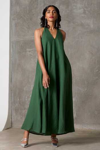 Buy_The Summer House_Green Linen Halter Neck Papillon Maxi Dress_Online_at_Aza_Fashions