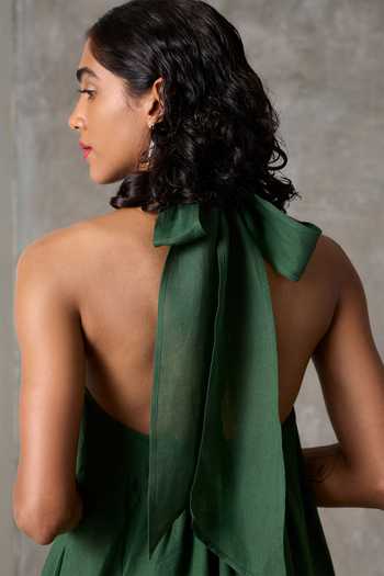 The Summer House_Green Linen Halter Neck Papillon Maxi Dress_at_Aza_Fashions