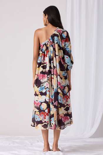 Shop The Summer House Black Chanderi One Shoulder Punai Abstract Eden Print Dress at Aza Fashions Shop_The Summer House_Black Chanderi One Shoulder Punai Abstract Eden Print Dress_at_Aza_Fashions