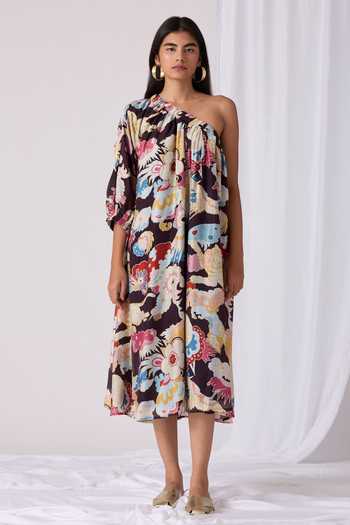 The Summer House Black Chanderi One Shoulder Punai Abstract Eden Print Dress Online at Aza Fashions The Summer House_Black Chanderi One Shoulder Punai Abstract Eden Print Dress_Online_at_Aza_Fashions
