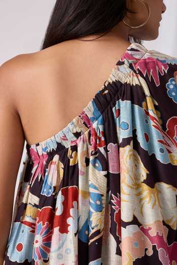 Shop The Summer House Black Chanderi One Shoulder Punai Abstract Eden Print Dress Online at Aza Fashions Shop_The Summer House_Black Chanderi One Shoulder Punai Abstract Eden Print Dress_Online_at_Aza_Fashions