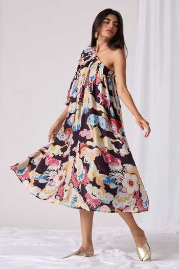 The Summer House Black Chanderi One Shoulder Punai Abstract Eden Print Dress at Aza Fashions The Summer House_Black Chanderi One Shoulder Punai Abstract Eden Print Dress_at_Aza_Fashions