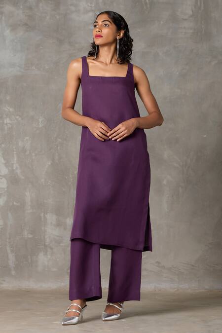Shop_The Summer House_Purple Linen Square Neck Smith Solid Tunic And Straight Pant Set