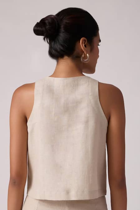 Shop The Summer House Beige Linen Embroidery Round Neck Toni Hem Top at Aza Fashions Shop_The Summer House_Beige Linen Embroidery Round Neck Toni Hem Top _at_Aza_Fashions