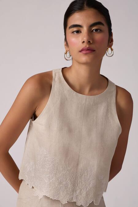 The Summer House Beige Linen Embroidery Round Neck Toni Hem Top Online at Aza Fashions The Summer House_Beige Linen Embroidery Round Neck Toni Hem Top _Online_at_Aza_Fashions