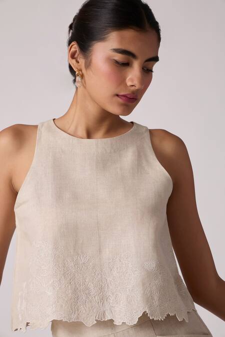 Shop The Summer House Beige Linen Embroidery Round Neck Toni Hem Top Online at Aza Fashions Shop_The Summer House_Beige Linen Embroidery Round Neck Toni Hem Top _Online_at_Aza_Fashions