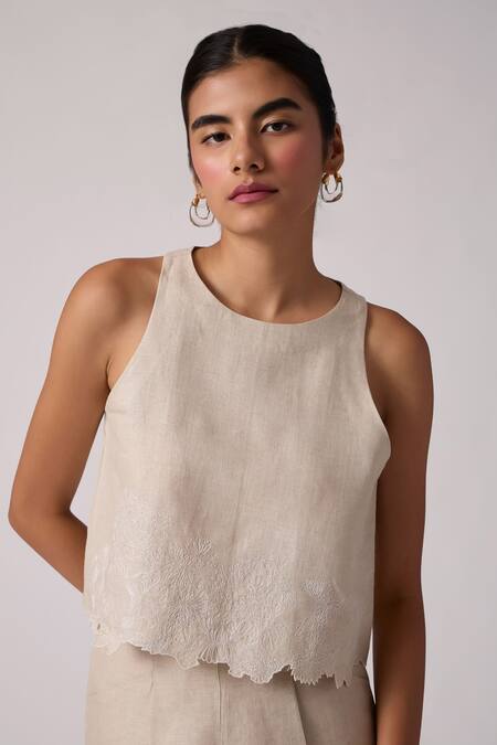The Summer House Beige Linen Embroidery Round Neck Toni Hem Top at Aza Fashions The Summer House_Beige Linen Embroidery Round Neck Toni Hem Top _at_Aza_Fashions