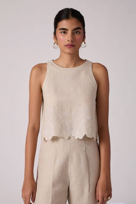 Buy The Summer House Beige Linen Embroidery Round Neck Toni Hem Top Buy_The Summer House_Beige Linen Embroidery Round Neck Toni Hem Top