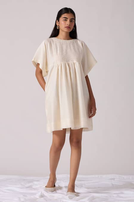 The Summer House Off White Handwoven Chanderi Hand Embroidered Floral Yara Dress 