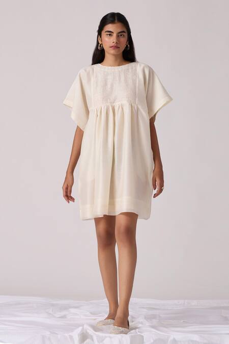 The Summer House Off White Chanderi Embroidery Round Neck Yara Hand Dress Online at Aza Fashions The Summer House_Off White Chanderi Embroidery Round Neck Yara Hand Dress _Online_at_Aza_Fashions