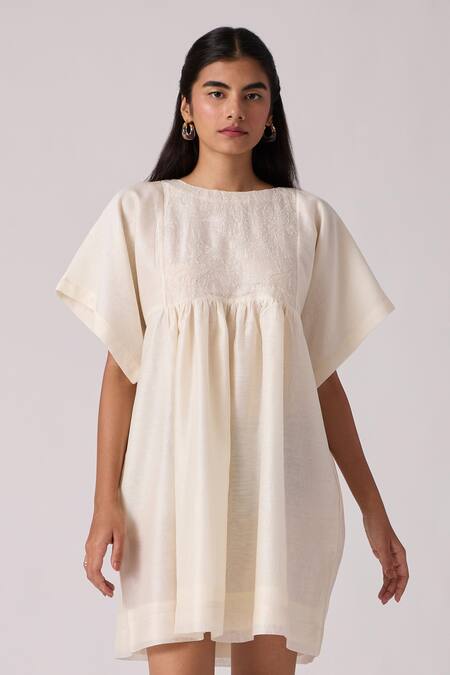 Shop The Summer House Off White Chanderi Embroidery Round Neck Yara Hand Dress Online at Aza Fashions Shop_The Summer House_Off White Chanderi Embroidery Round Neck Yara Hand Dress _Online_at_Aza_Fashions