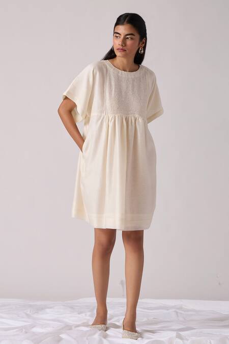 The Summer House Off White Chanderi Embroidery Round Neck Yara Hand Dress at Aza Fashions The Summer House_Off White Chanderi Embroidery Round Neck Yara Hand Dress _at_Aza_Fashions