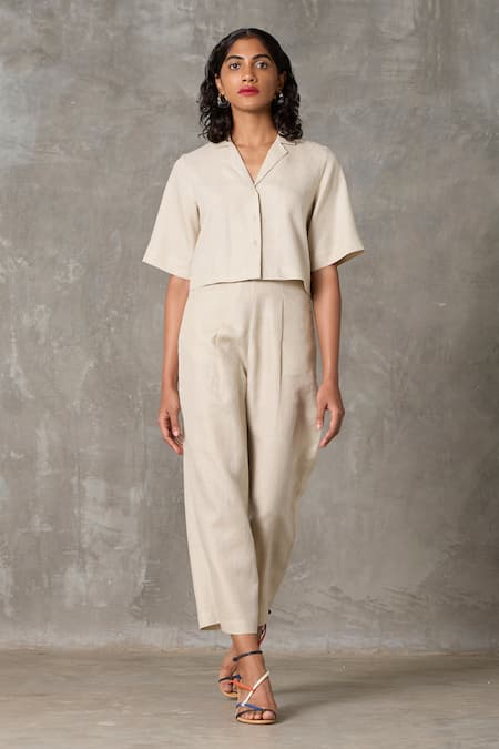 The Summer House Clyde Lapel Collar Crop Shirt With Pant 