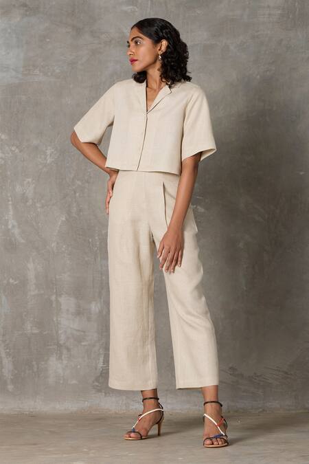 The Summer House_Beige Linen Collared Clyde Lapel Crop Shirt With Pant _Online_at_Aza_Fashions