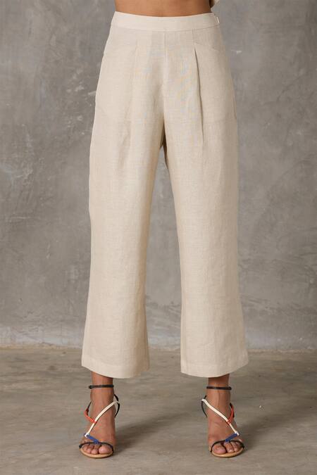 Buy_The Summer House_Beige Linen Collared Clyde Lapel Crop Shirt With Pant _Online_at_Aza_Fashions