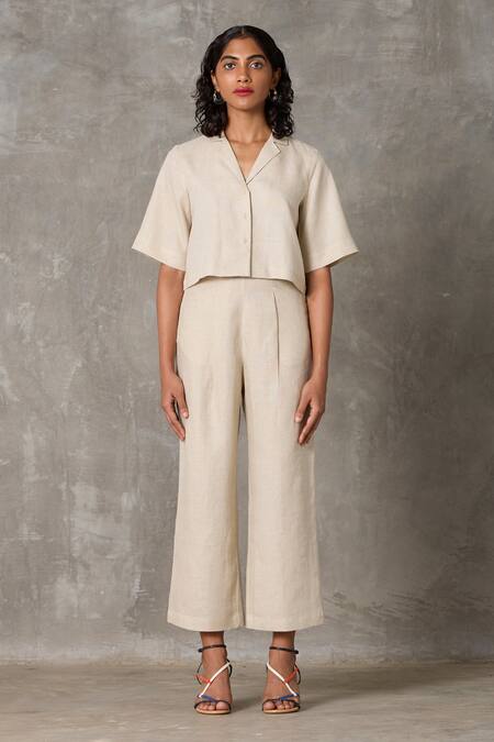 Shop_The Summer House_Beige Linen Collared Clyde Lapel Crop Shirt With Pant _Online_at_Aza_Fashions