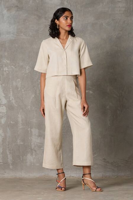 The Summer House_Beige Linen Collared Clyde Lapel Crop Shirt With Pant _at_Aza_Fashions