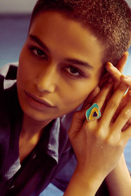 Buy_Voyce Jewellery_Blue Embroidery Seychelles Abstract Shaped Enameled Ring _Online_at_Aza_Fashions