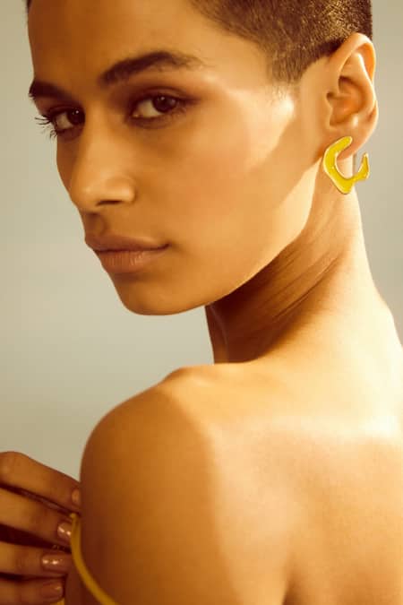 Shop_Voyce Jewellery_Yellow Embroidery Hawaii Sunrise Enameled Earrings _Online_at_Aza_Fashions