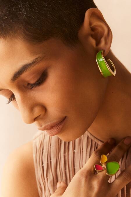 Voyce Jewellery_Green Embroidery Kandy Semi Hoop Earrings _Online_at_Aza_Fashions