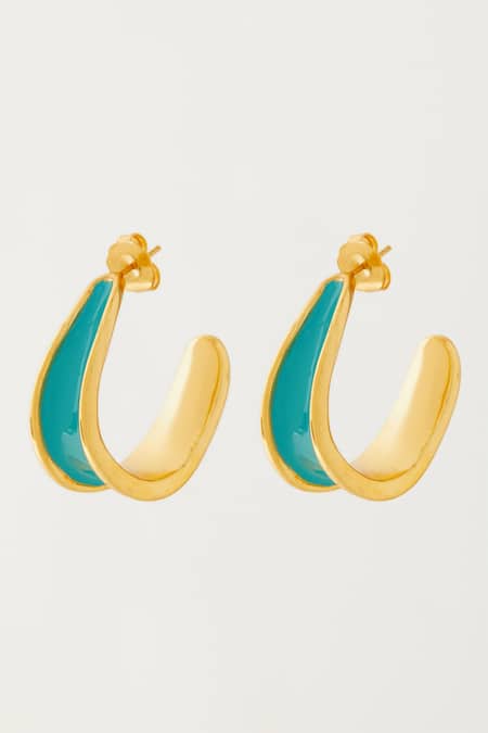 Voyce Jewellery_Blue Embroidery Kandy Semi Hoop Tropical Enameled Earrings _Online_at_Aza_Fashions