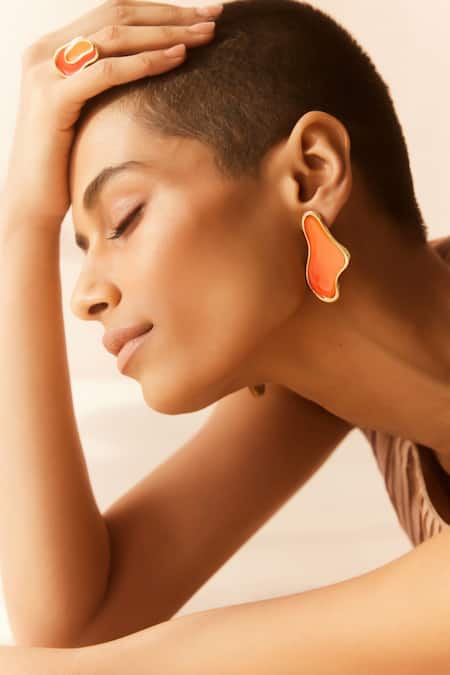Voyce Jewellery Orange Enamelled Ibiza Abstract Shaped Earrings