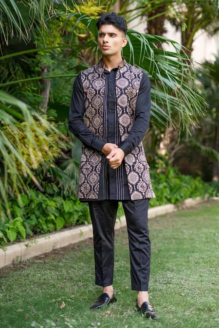 Ekavira Black Silk Embroidery Ajrakh Print Bundi Kurta Set 