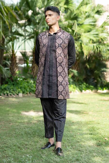 Ekavira_Black Silk Embroidery Ajrakh Print Bundi Kurta Set _Online_at_Aza_Fashions