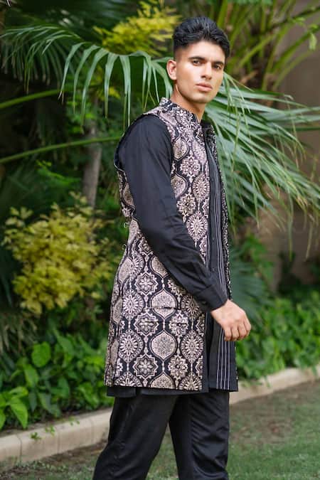 Shop_Ekavira_Black Silk Embroidery Ajrakh Print Bundi Kurta Set _Online_at_Aza_Fashions