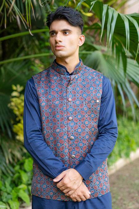 Shop_Ekavira_Blue Silk Metallic Thread Ajrakh Print Bundi Kurta Set _Online_at_Aza_Fashions