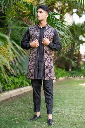 Ekavira Ajrakh Print Black Mashru Silk Bundi 