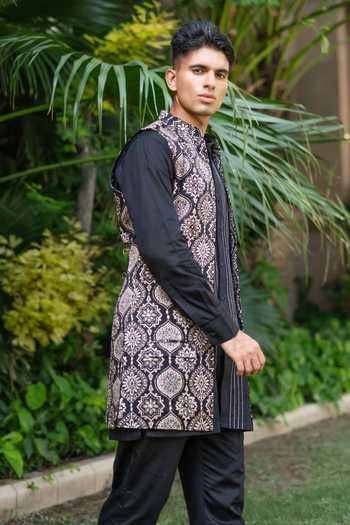 Ekavira Ajrakh Print Black Mashru Silk Bundi 