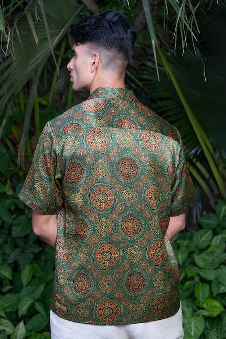 Shop Ekavira Green Silk Panna Ajrakh Print Shirt at Aza Fashions Shop_Ekavira_Green Silk Panna Ajrakh Print Shirt _at_Aza_Fashions