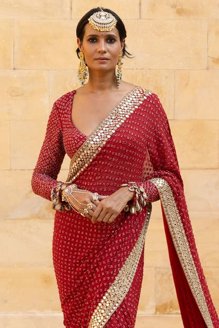 Arpita Mehta_Red Georgette Beads, Mirrors, Cut Work Round Neck Embroidered Saree With Blouse_Online_at_Aza_Fashions