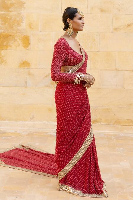 Buy_Arpita Mehta_Red Georgette Beads, Mirrors, Cut Work Round Neck Embroidered Saree With Blouse_Online_at_Aza_Fashions
