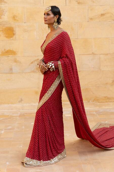 Shop_Arpita Mehta_Red Georgette Beads, Mirrors, Cut Work Round Neck Embroidered Saree With Blouse_Online_at_Aza_Fashions