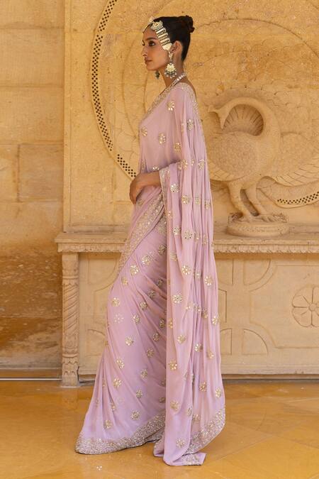 Arpita Mehta_Pink Georgette Sequins, Mirrors Halter Neck Work Pre-draped Saree And Blouse Set_Online_at_Aza_Fashions