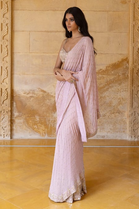 Buy_Arpita Mehta_Pink Georgette Beads, Mirrors Embroidered Pre-draped Saree And Blouse Set_Online_at_Aza_Fashions