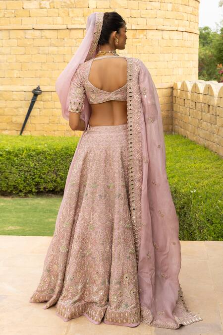 Shop Arpita Mehta Pink Organza, Net Mirrors, Beads, Embroidery, And Thread Bridal Lehenga Set at Aza Fashions Shop_Arpita Mehta_Pink Organza, Net Mirrors, Beads, Embroidery, And Thread Bridal Lehenga Set_at_Aza_Fashions