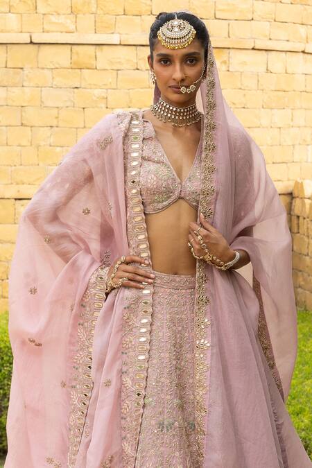 Arpita Mehta Pink Organza, Net Mirrors, Beads, Embroidery, And Thread Bridal Lehenga Set Online at Aza Fashions Arpita Mehta_Pink Organza, Net Mirrors, Beads, Embroidery, And Thread Bridal Lehenga Set_Online_at_Aza_Fashions