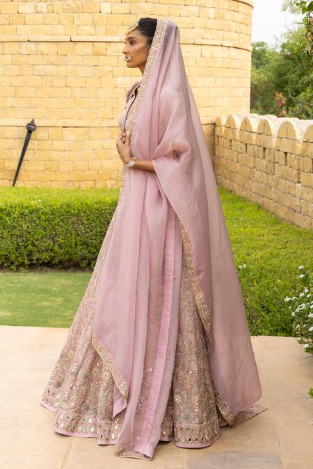 Shop Arpita Mehta Pink Organza, Net Mirrors, Beads, Embroidery, And Thread Bridal Lehenga Set Online at Aza Fashions Shop_Arpita Mehta_Pink Organza, Net Mirrors, Beads, Embroidery, And Thread Bridal Lehenga Set_Online_at_Aza_Fashions
