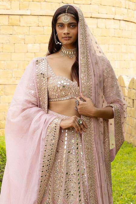 Arpita Mehta_Pink Net, Organza Mirrors, Cut Work, Thread And Embroidered Bridal Lehenga Set_Online_at_Aza_Fashions