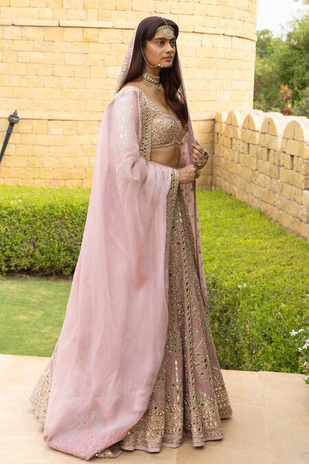 Buy_Arpita Mehta_Pink Net, Organza Mirrors, Cut Work, Thread And Embroidered Bridal Lehenga Set_Online_at_Aza_Fashions