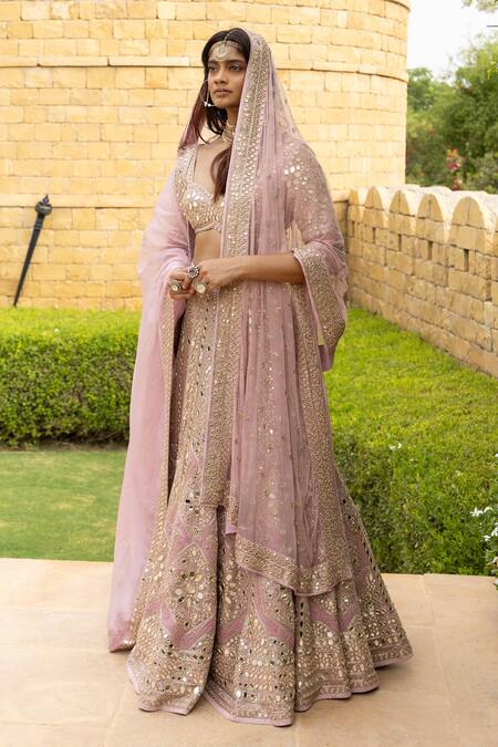Shop_Arpita Mehta_Pink Net, Organza Mirrors, Cut Work, Thread And Embroidered Bridal Lehenga Set_Online_at_Aza_Fashions