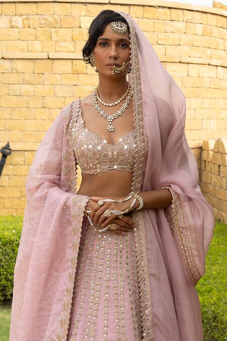 Arpita Mehta_Pink Net, Organza Mirrors, Zari, Cut Work, Thread And Bridal Lehenga Set_Online_at_Aza_Fashions