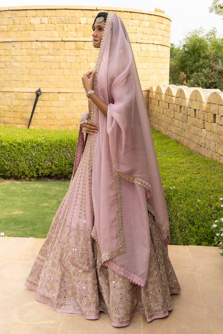 Buy_Arpita Mehta_Pink Net, Organza Mirrors, Zari, Cut Work, Thread And Bridal Lehenga Set_Online_at_Aza_Fashions