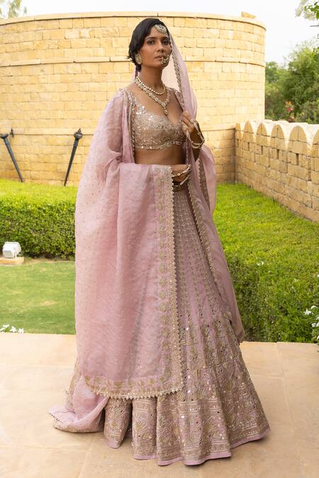 Shop_Arpita Mehta_Pink Net, Organza Mirrors, Zari, Cut Work, Thread And Bridal Lehenga Set_Online_at_Aza_Fashions