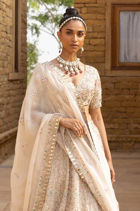 Arpita Mehta Ivory Silk, Organza Mirrors, Beads, Floral Thread Embroidered Bridal Lehenga Set Online at Aza Fashions Arpita Mehta_Ivory Silk, Organza Mirrors, Beads, Floral Thread Embroidered Bridal Lehenga Set_Online_at_Aza_Fashions