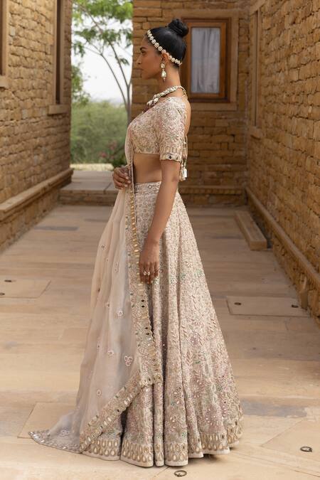 Buy_Arpita Mehta_Ivory Silk, Organza Mirrors, Beads, Floral Thread Embroidered Bridal Lehenga Set_Online_at_Aza_Fashions